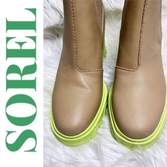 NWOB SOREL Brex Chunky Heel Platform Chelsea Bootie Tan Yellow, Size 6.5 - Picture 5 of 11